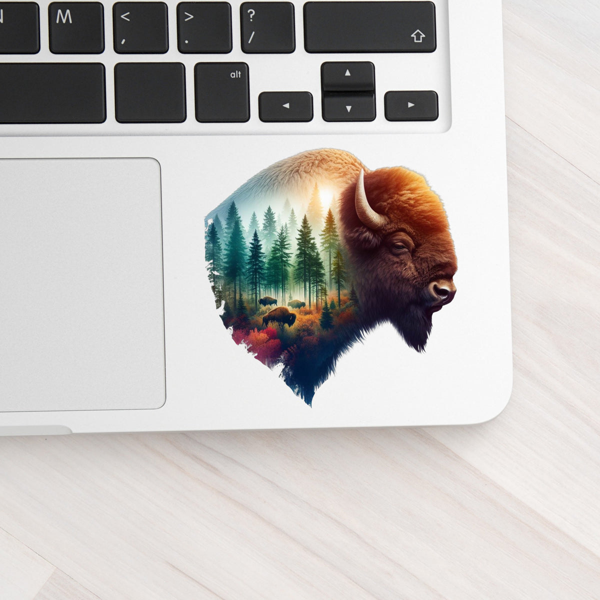 Sunrise Bison UV DTF sticker applied to a silver laptop beside the keyboard