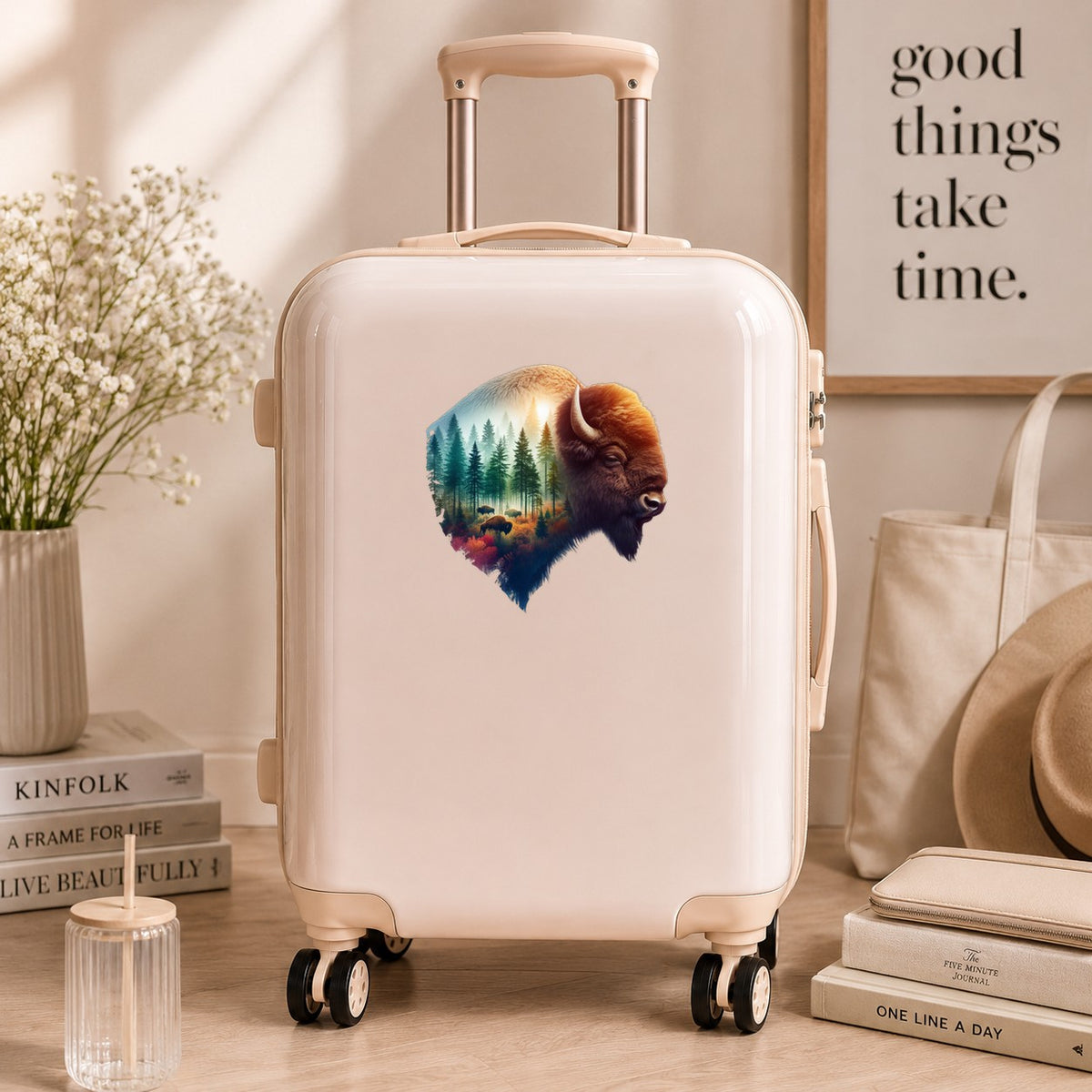 Sunrise Bison UV DTF sticker applied to a cream carry-on suitcase
