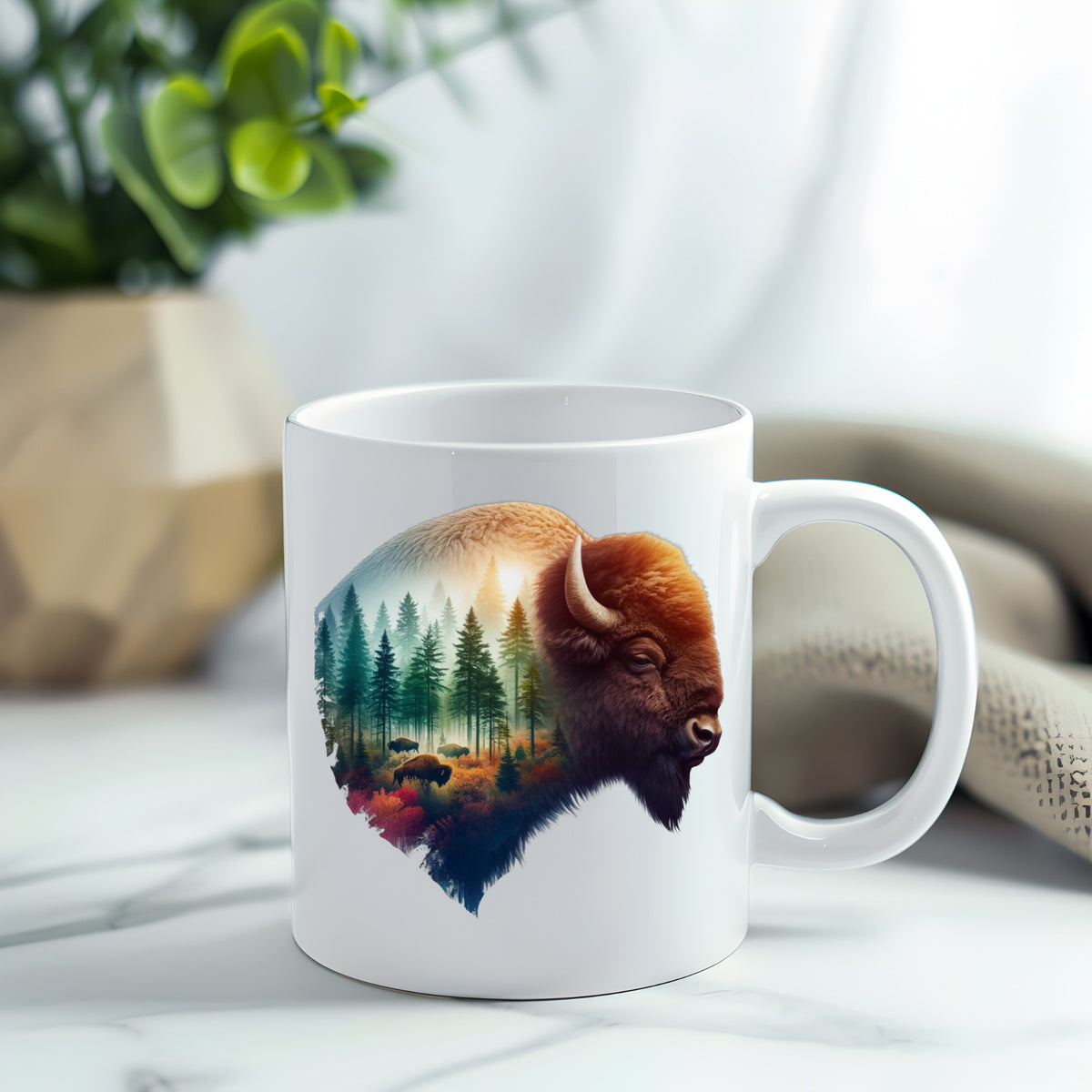 Sunrise Bison UV DTF sticker applied to a white coffee mug