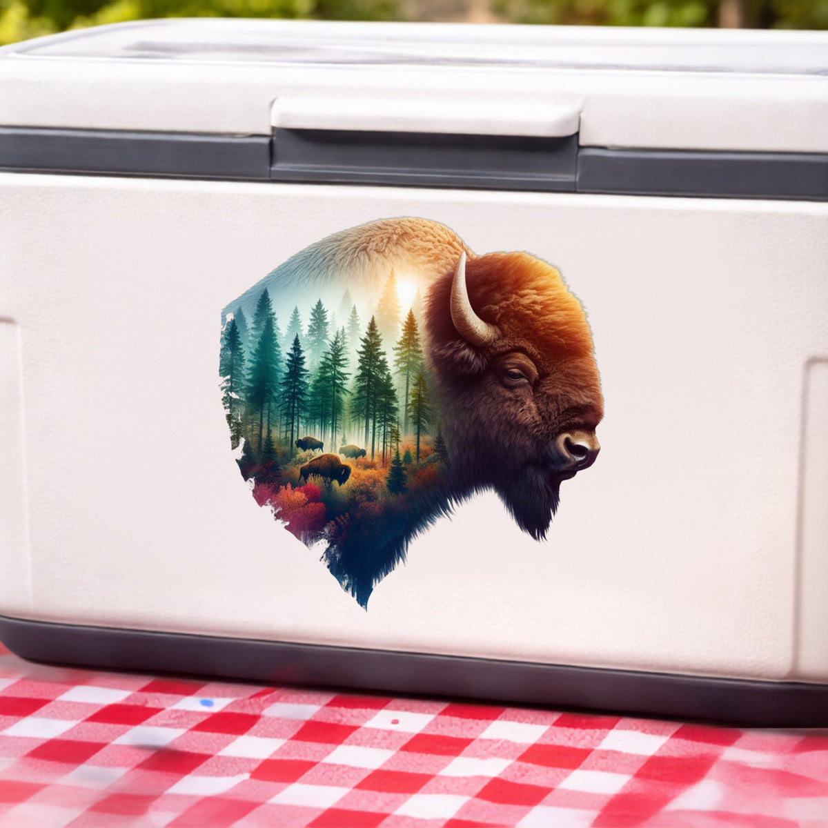Sunrise Bison UV DTF sticker applied to a white cooler on a red gingham cloth