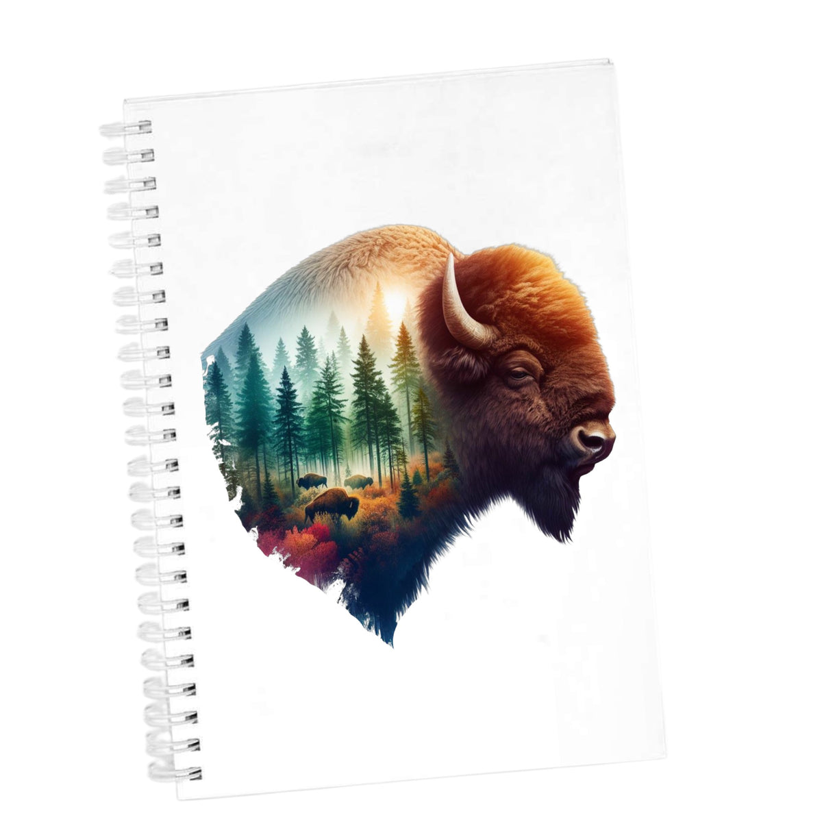 Sunrise Bison UV DTF sticker applied to the cover of a white spiral journal