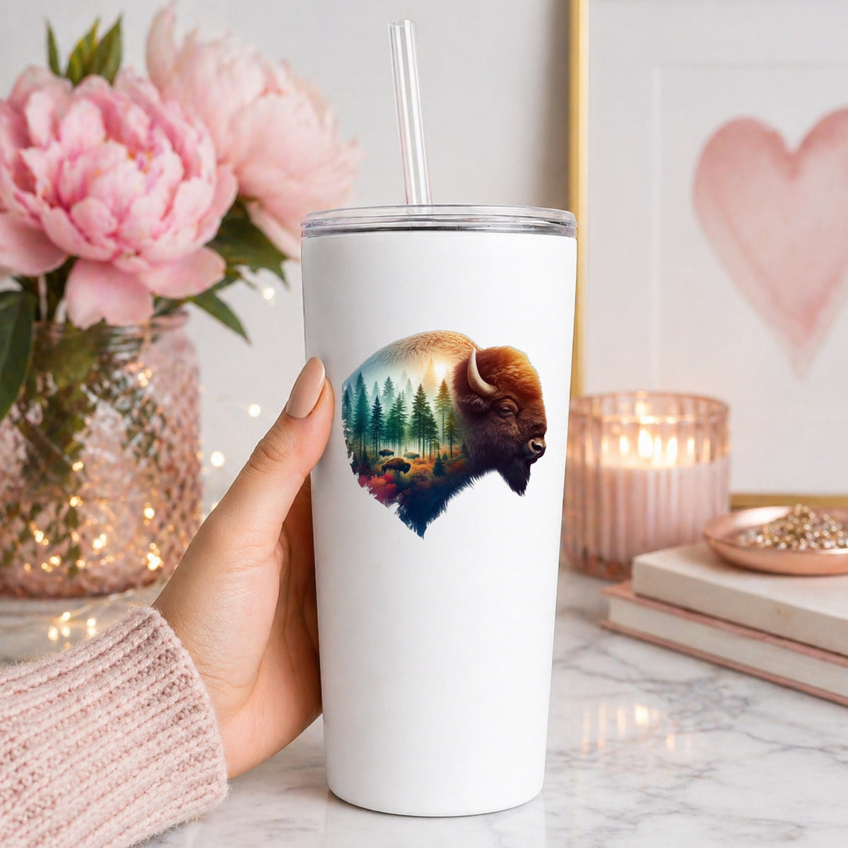 Sunrise Bison UV DTF sticker applied to a white straw tumbler beside pink peonies