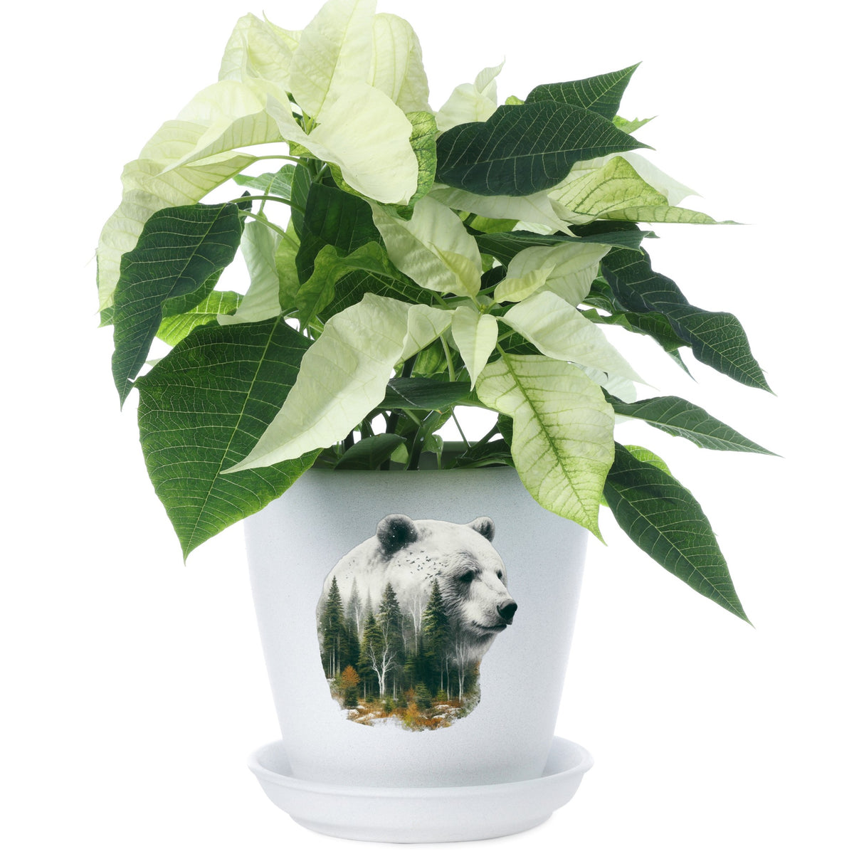 White Bear UV DTF sticker applied to a white flower pot