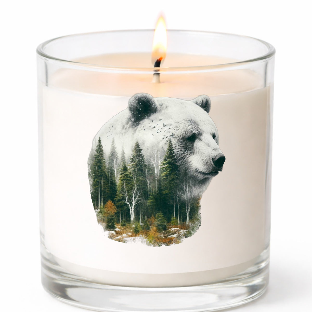 White Bear UV DTF sticker applied to a white candle in a clear glass jar