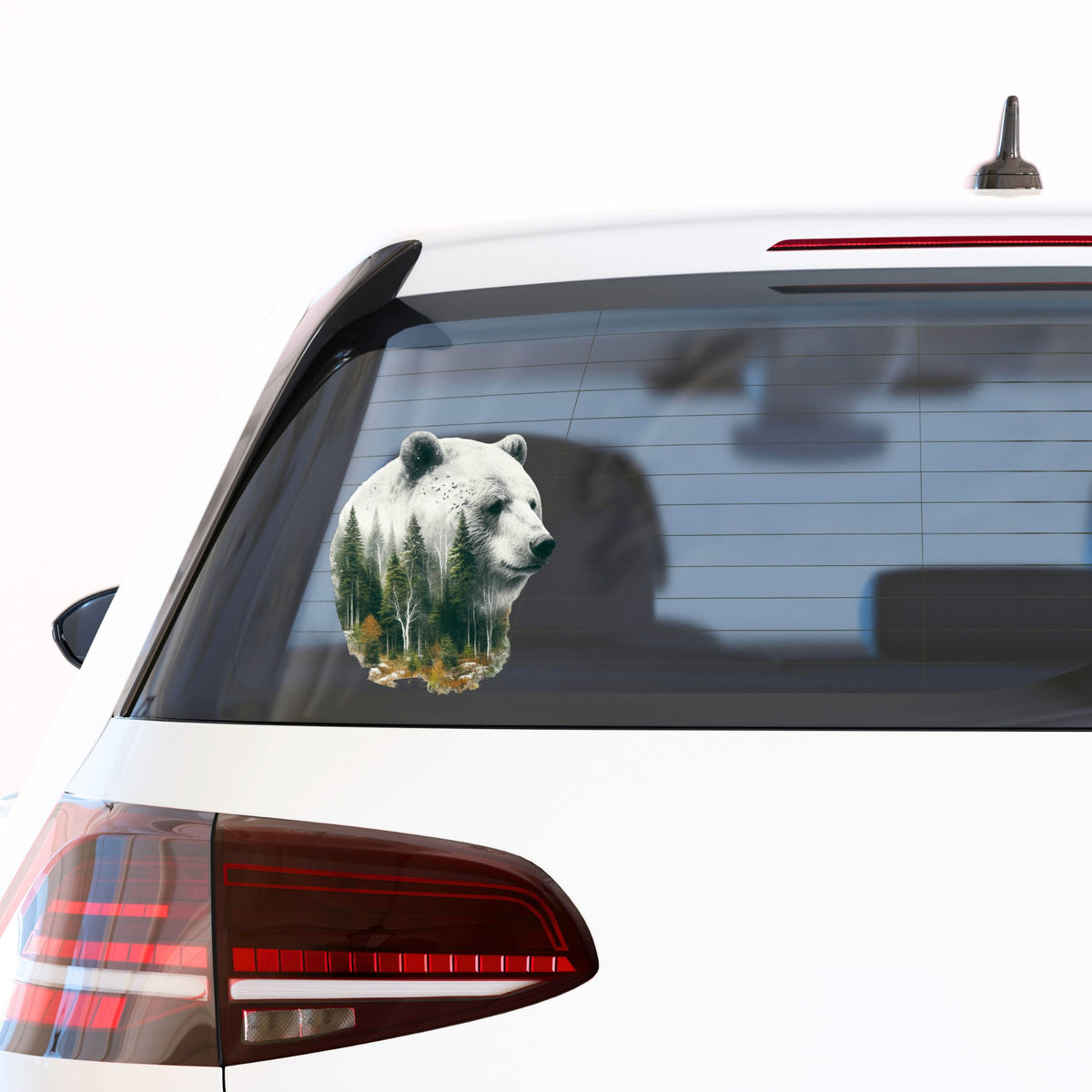 White Bear UV DTF sticker applied to the rear window of a white car