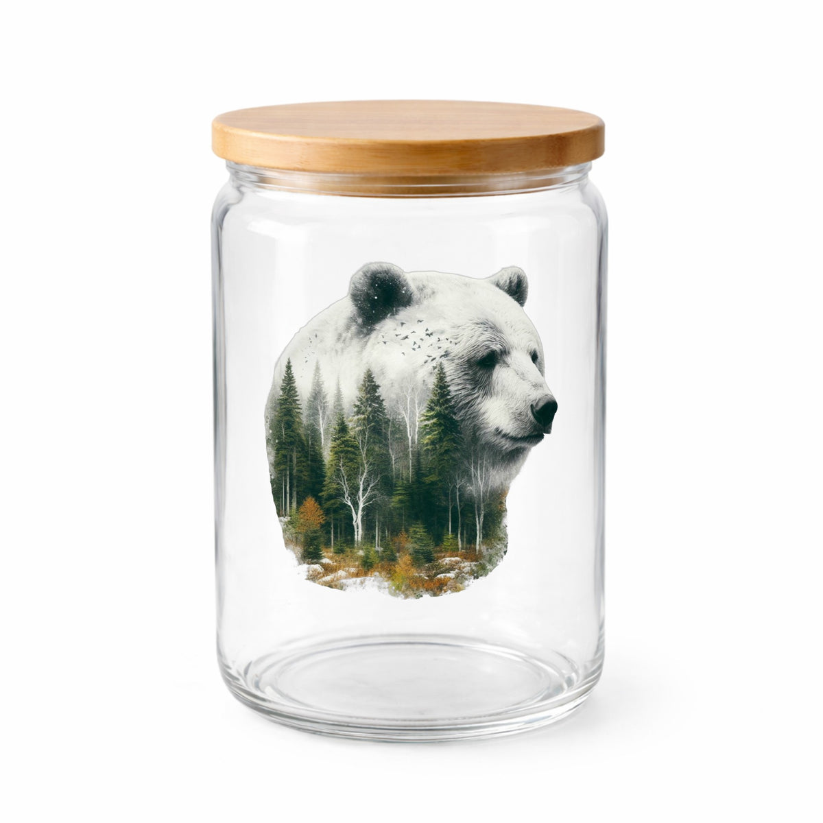 White Bear UV DTF sticker applied to a clear glass jar with a wooden lid