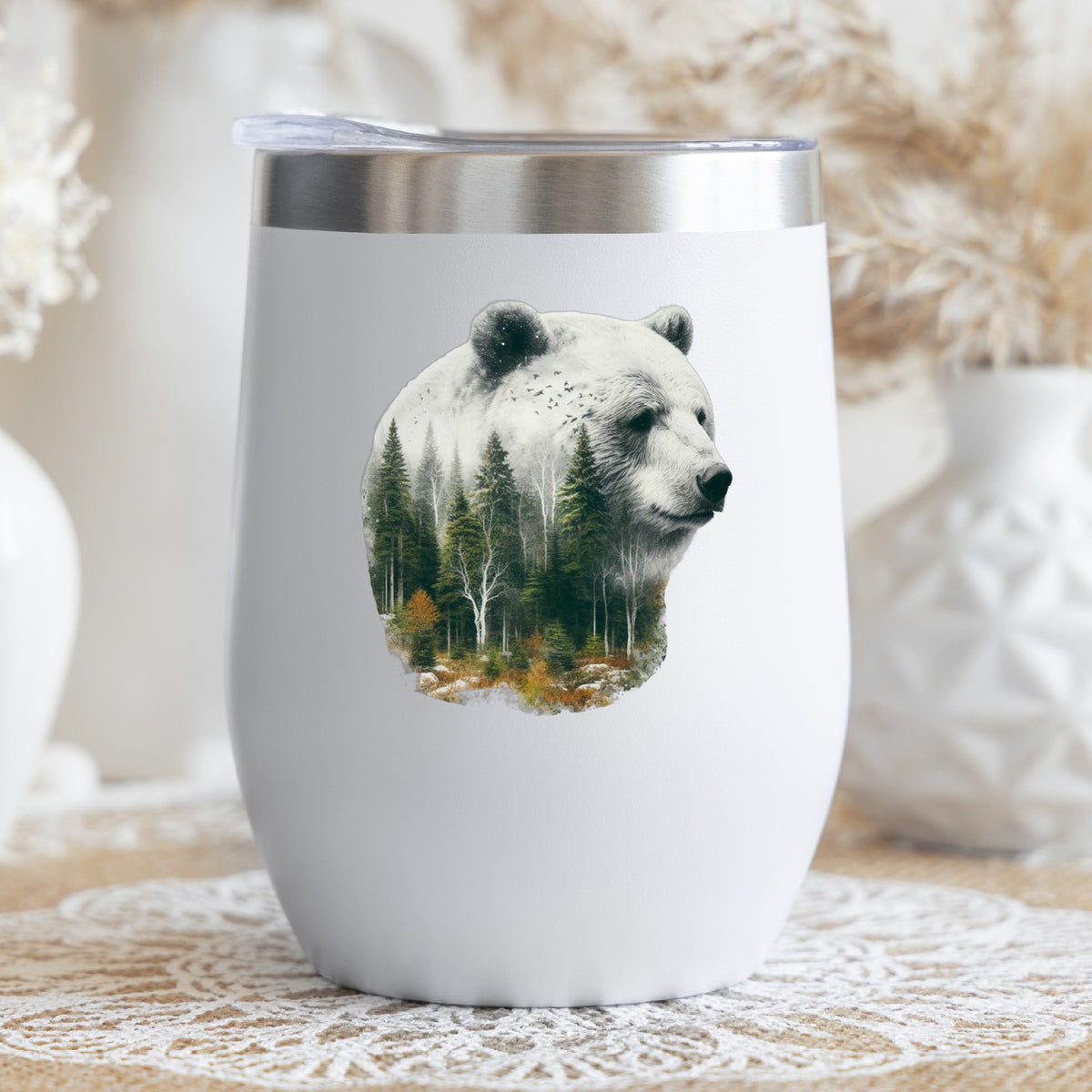 White Bear UV DTF sticker applied to a white stemless tumbler with a lid