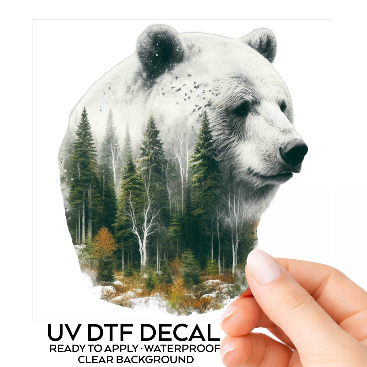 White Bear UV DTF sticker on its backing card, held in hand