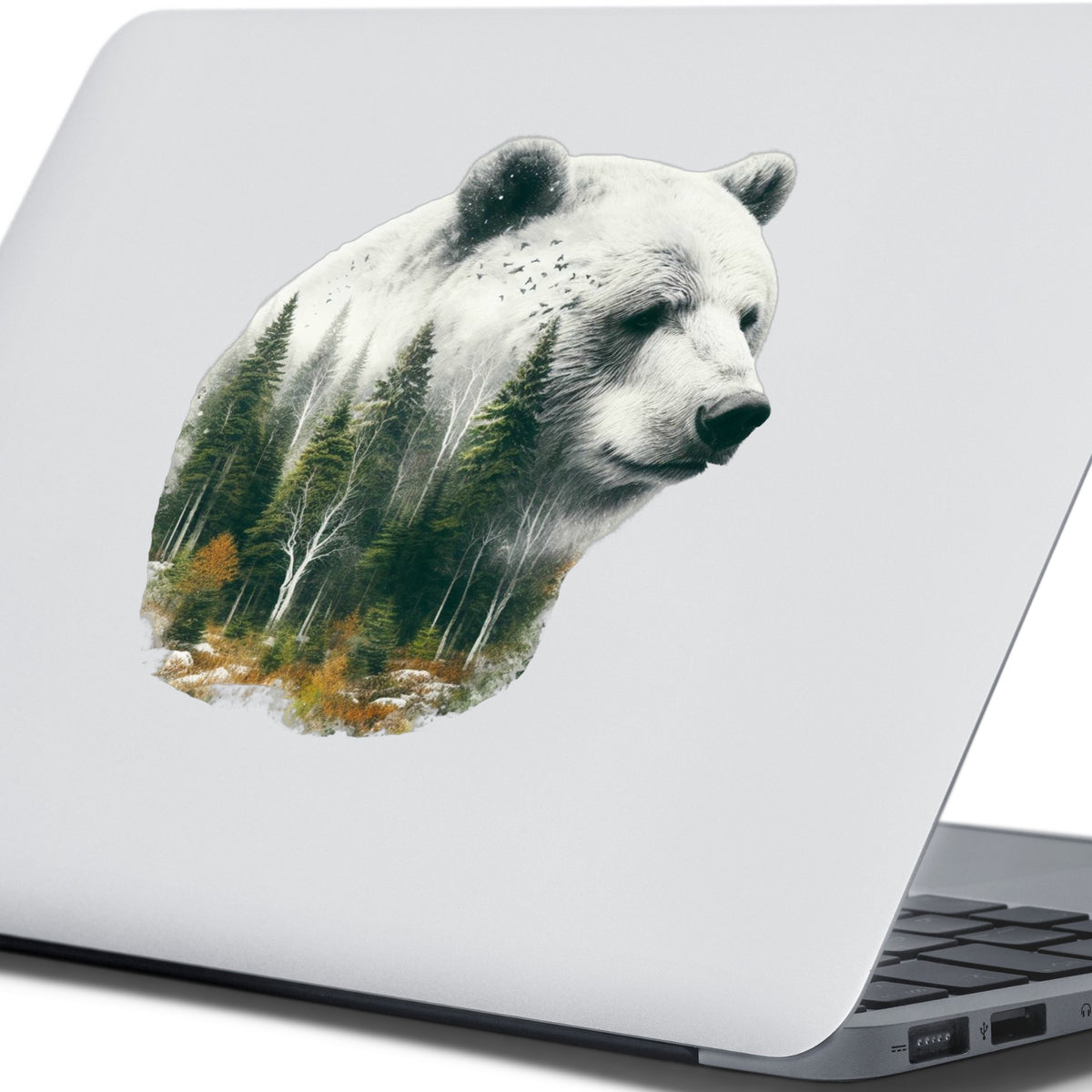 White Bear UV DTF sticker applied to the lid of a silver laptop