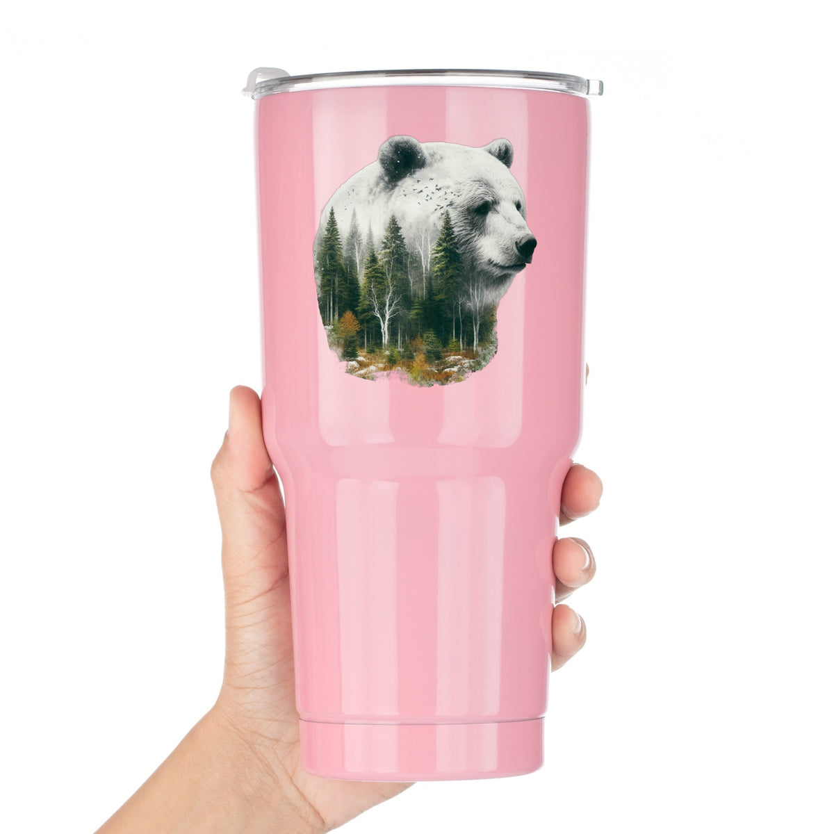 White Bear UV DTF sticker applied to a pink tumbler held against a white background