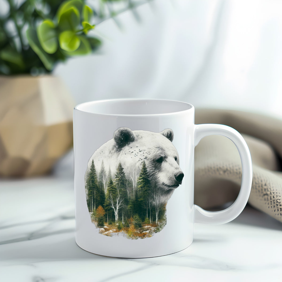 White Bear UV DTF sticker applied to a white coffee mug