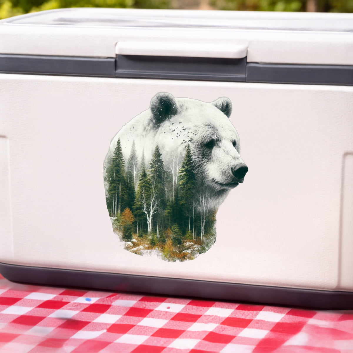 White Bear UV DTF sticker applied to a white cooler on a red gingham cloth