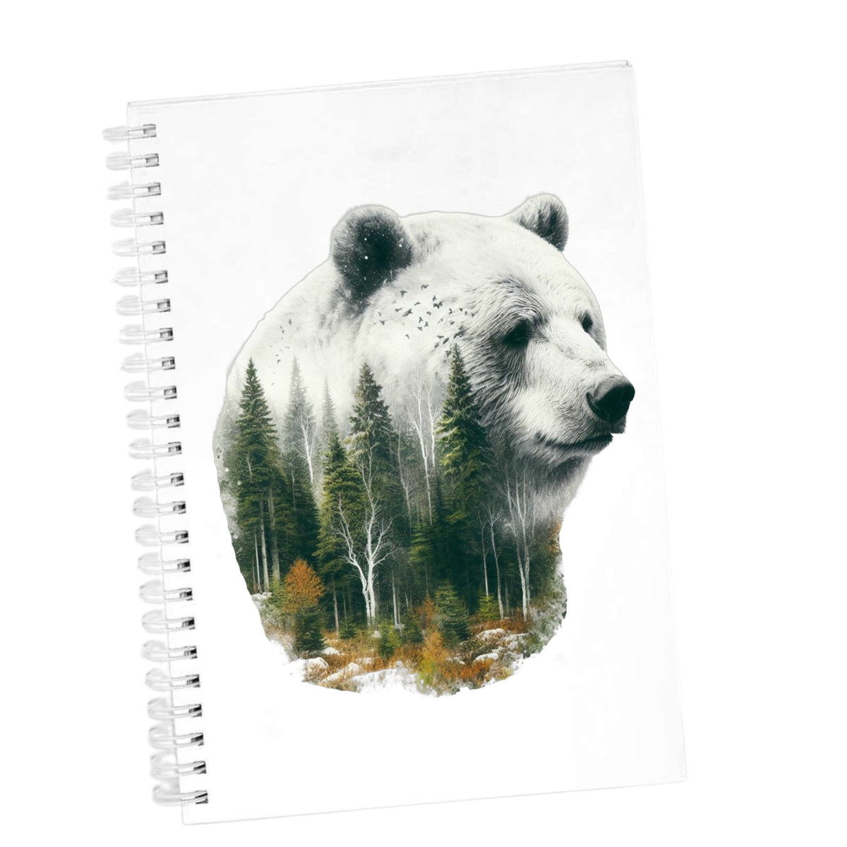 White Bear UV DTF sticker applied to the cover of a white spiral journal