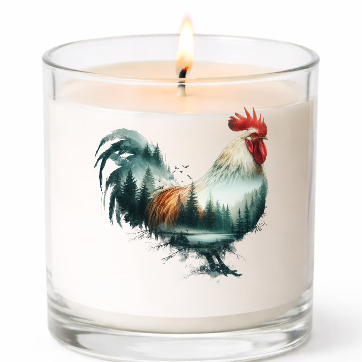 Forest Lake Rooster UV DTF sticker applied to a white candle in a clear glass jar