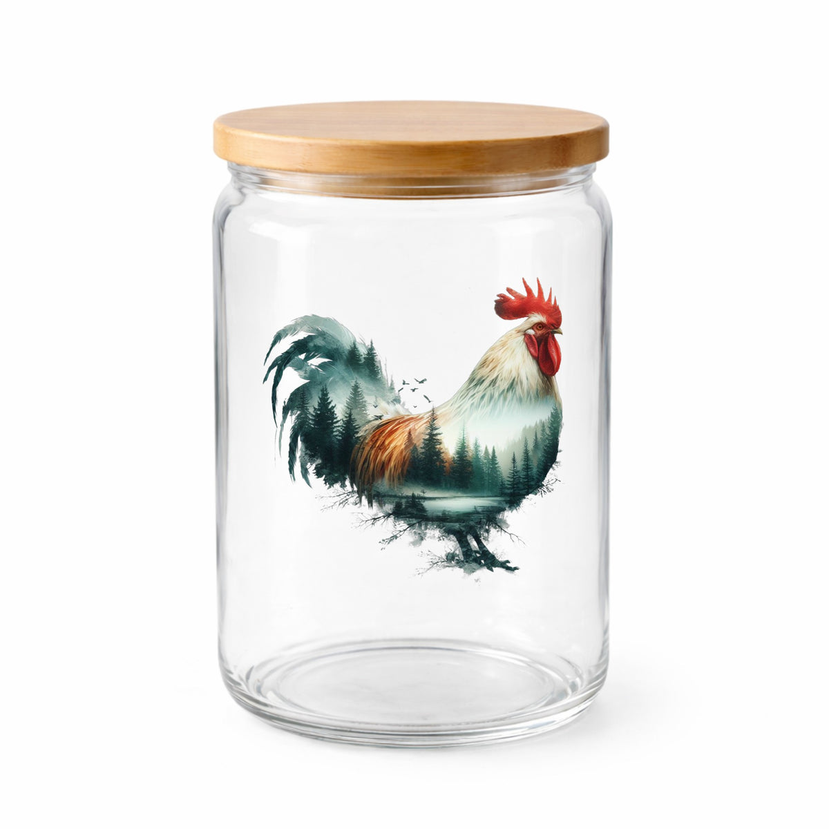 Forest Lake Rooster UV DTF sticker applied to a clear glass jar with a wooden lid