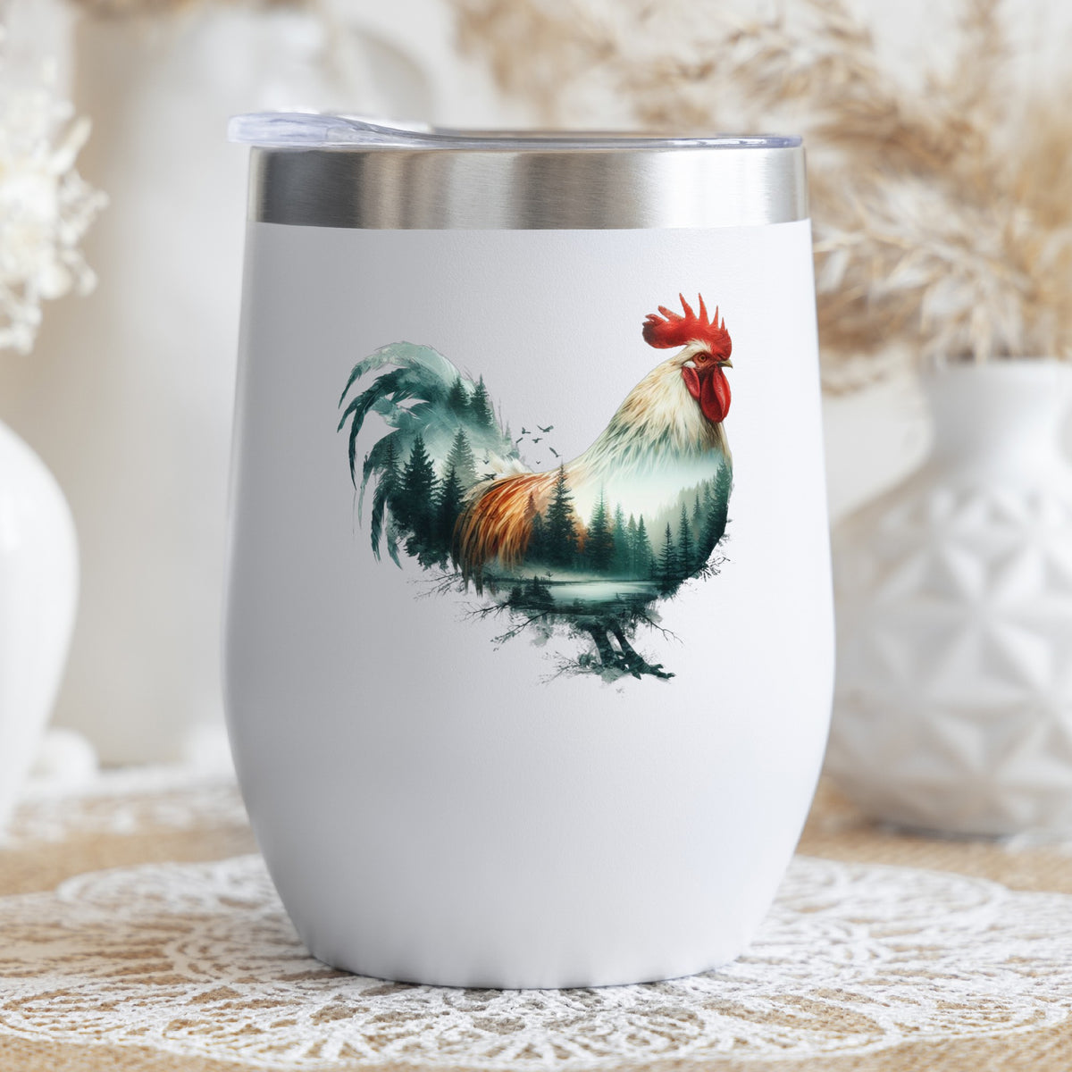 Forest Lake Rooster UV DTF sticker applied to a white stemless tumbler with a lid