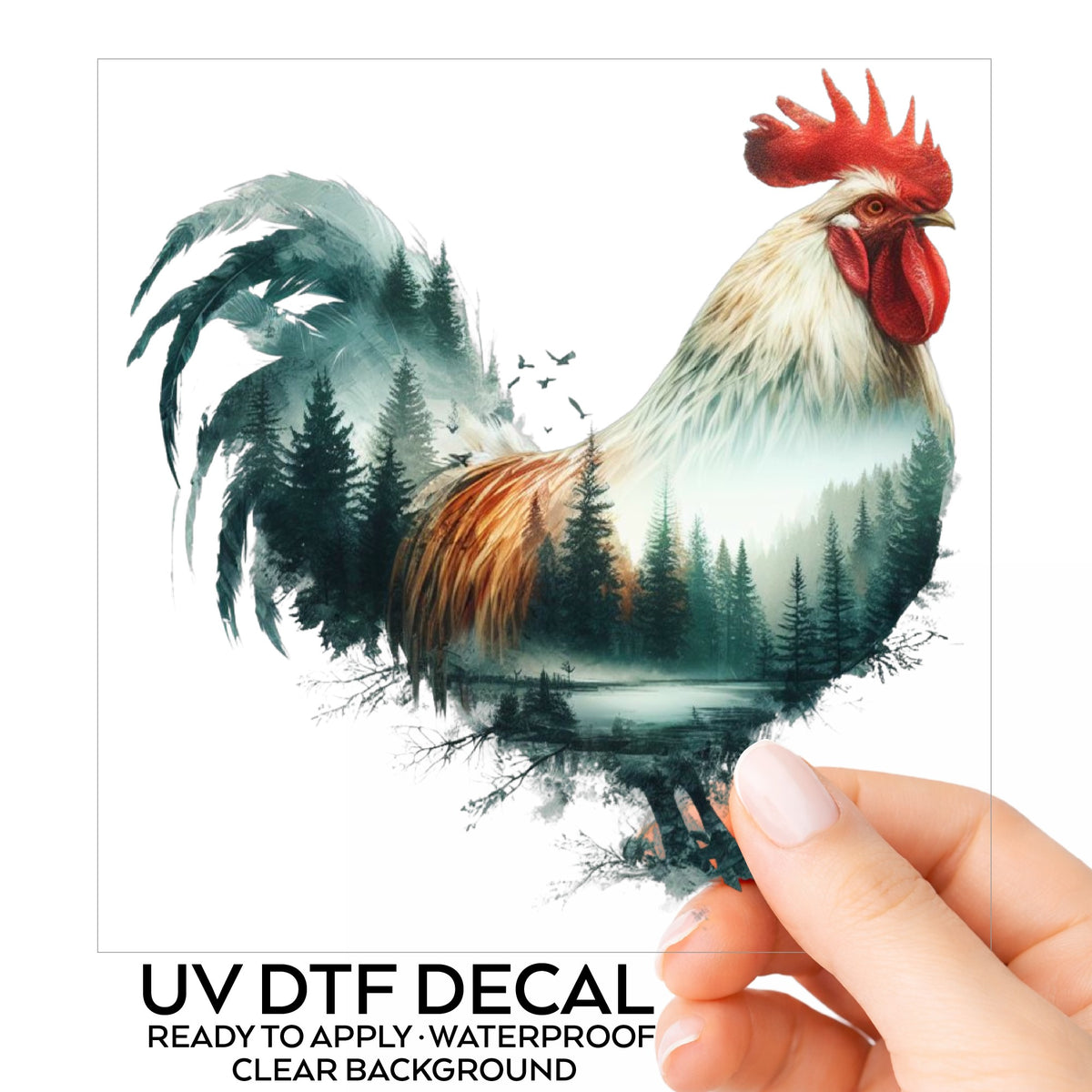 Forest Lake Rooster UV DTF sticker on its backing card, held in hand