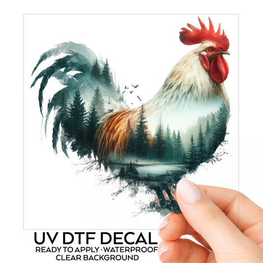 Forest Lake Rooster UV DTF sticker on its backing card, held in hand