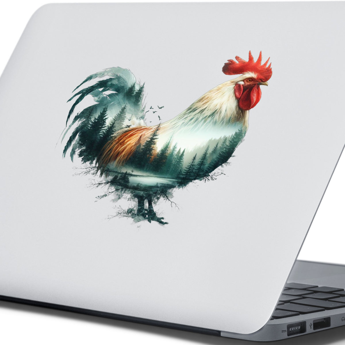 Forest Lake Rooster UV DTF sticker applied to the lid of a silver laptop