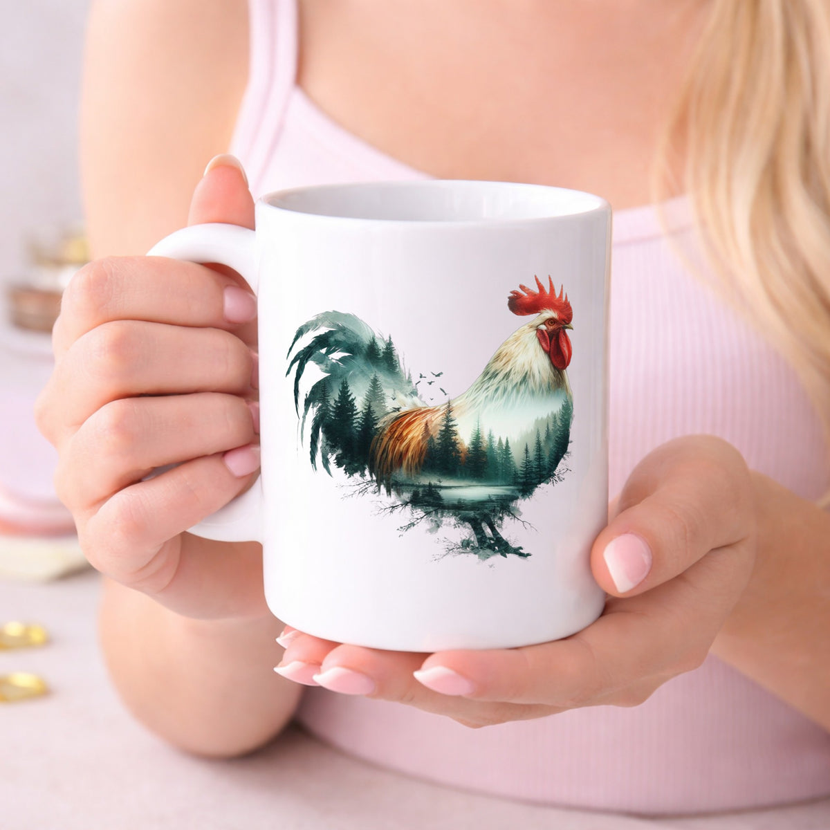 Forest Lake Rooster UV DTF sticker applied to a white coffee mug held in both hands