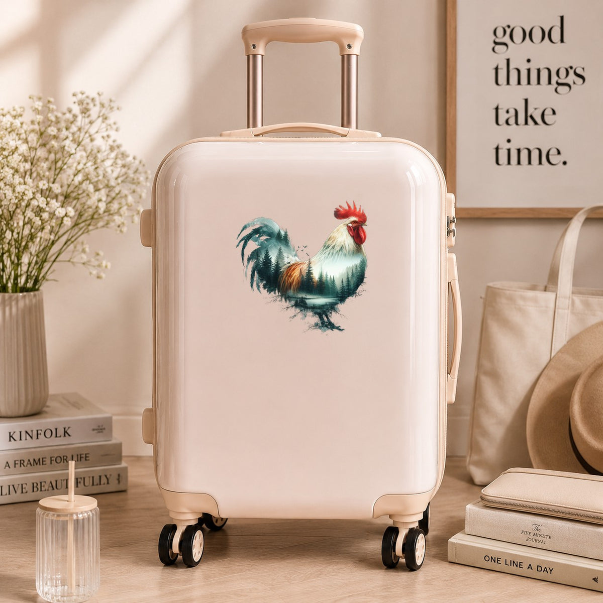 Forest Lake Rooster UV DTF sticker applied to a cream carry-on suitcase
