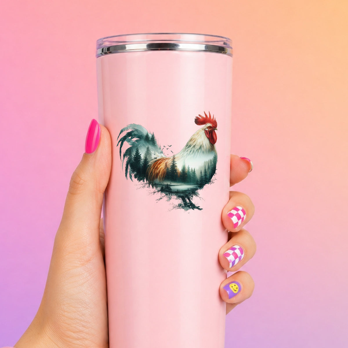 Forest Lake Rooster UV DTF sticker applied to a tall pink tumbler on a pink and orange background