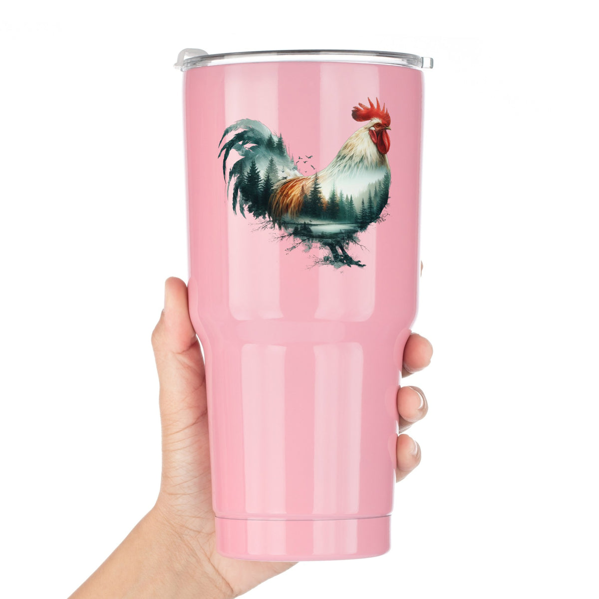 Forest Lake Rooster UV DTF sticker applied to a pink tumbler held against a white background