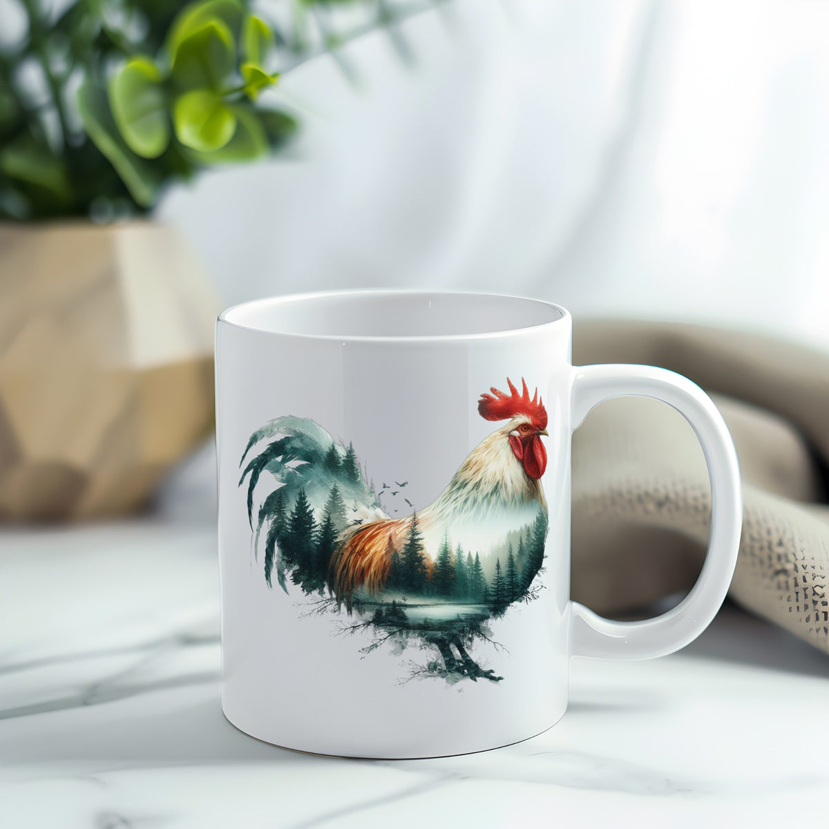 Forest Lake Rooster UV DTF sticker applied to a white coffee mug