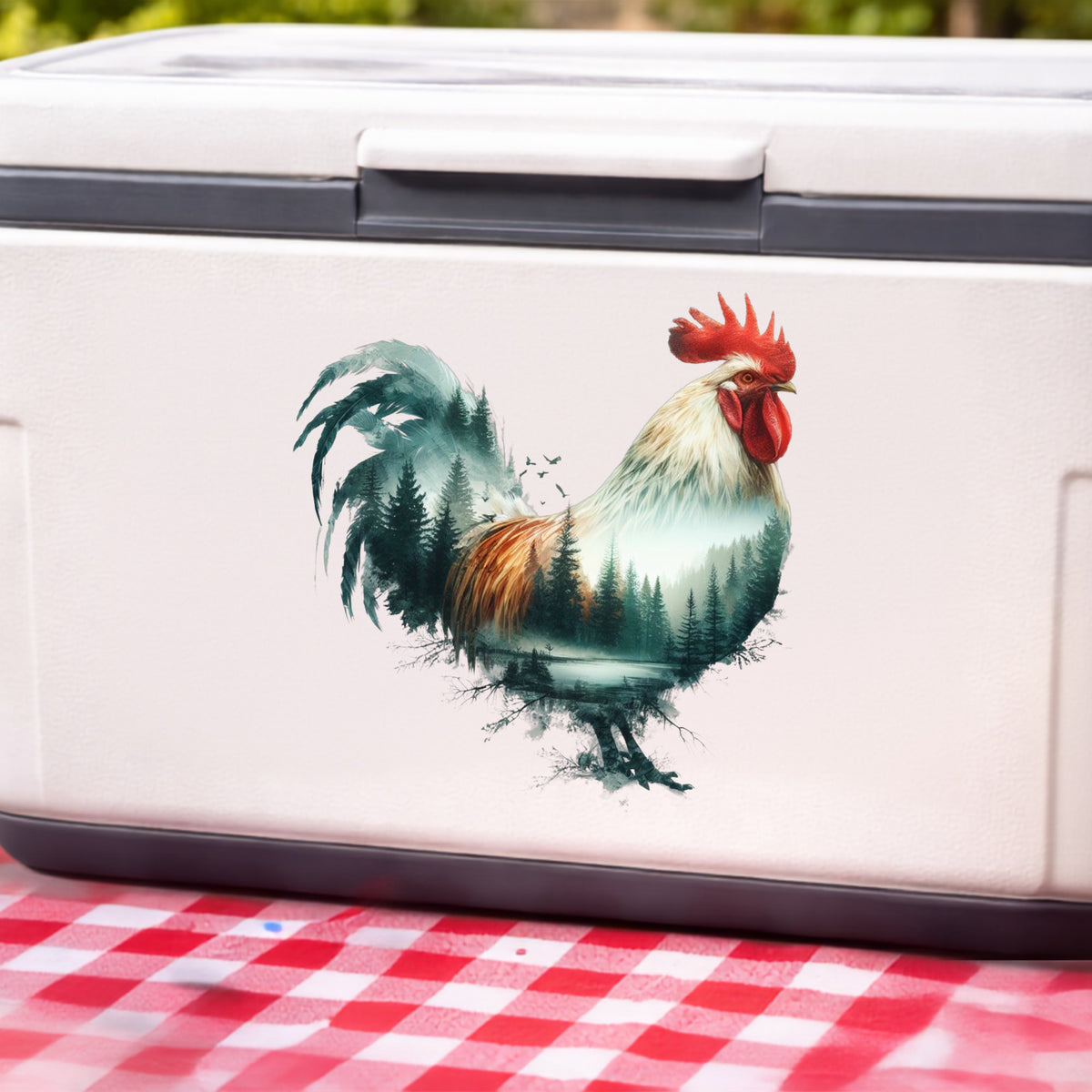 Forest Lake Rooster UV DTF sticker applied to a white cooler on a red gingham cloth