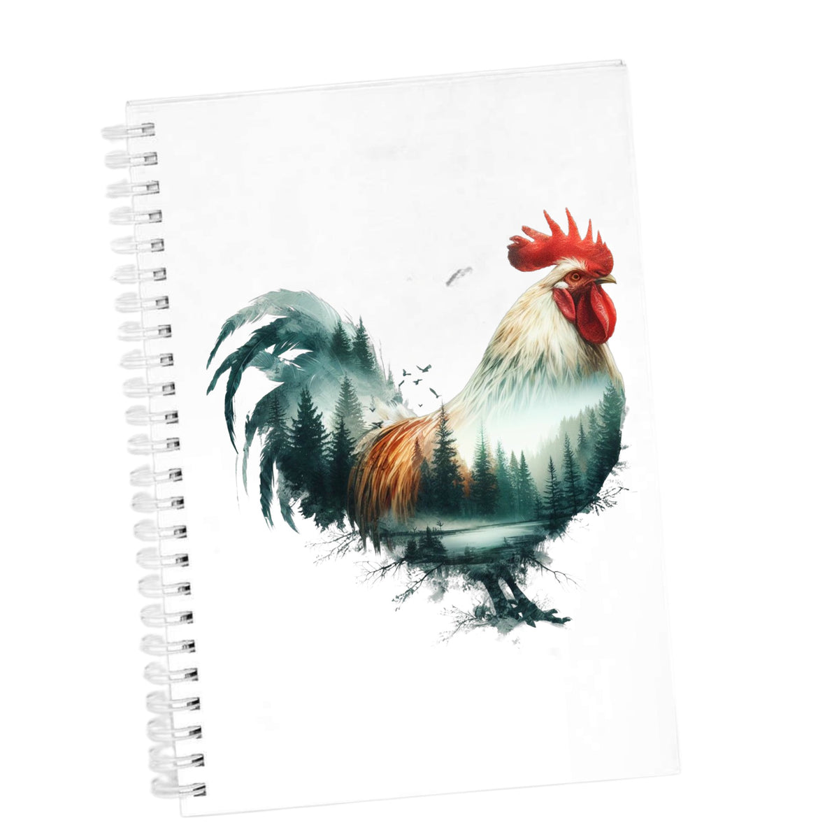 Forest Lake Rooster UV DTF sticker applied to the cover of a white spiral journal