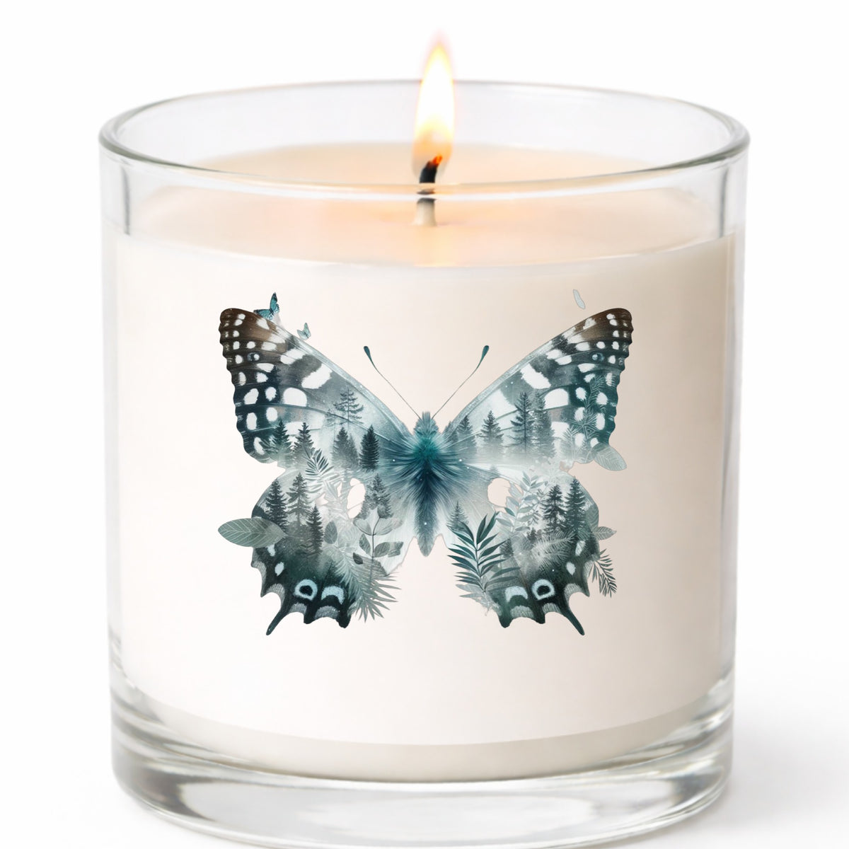 Black White Butterfly UV DTF sticker applied to a white candle in a clear glass jar