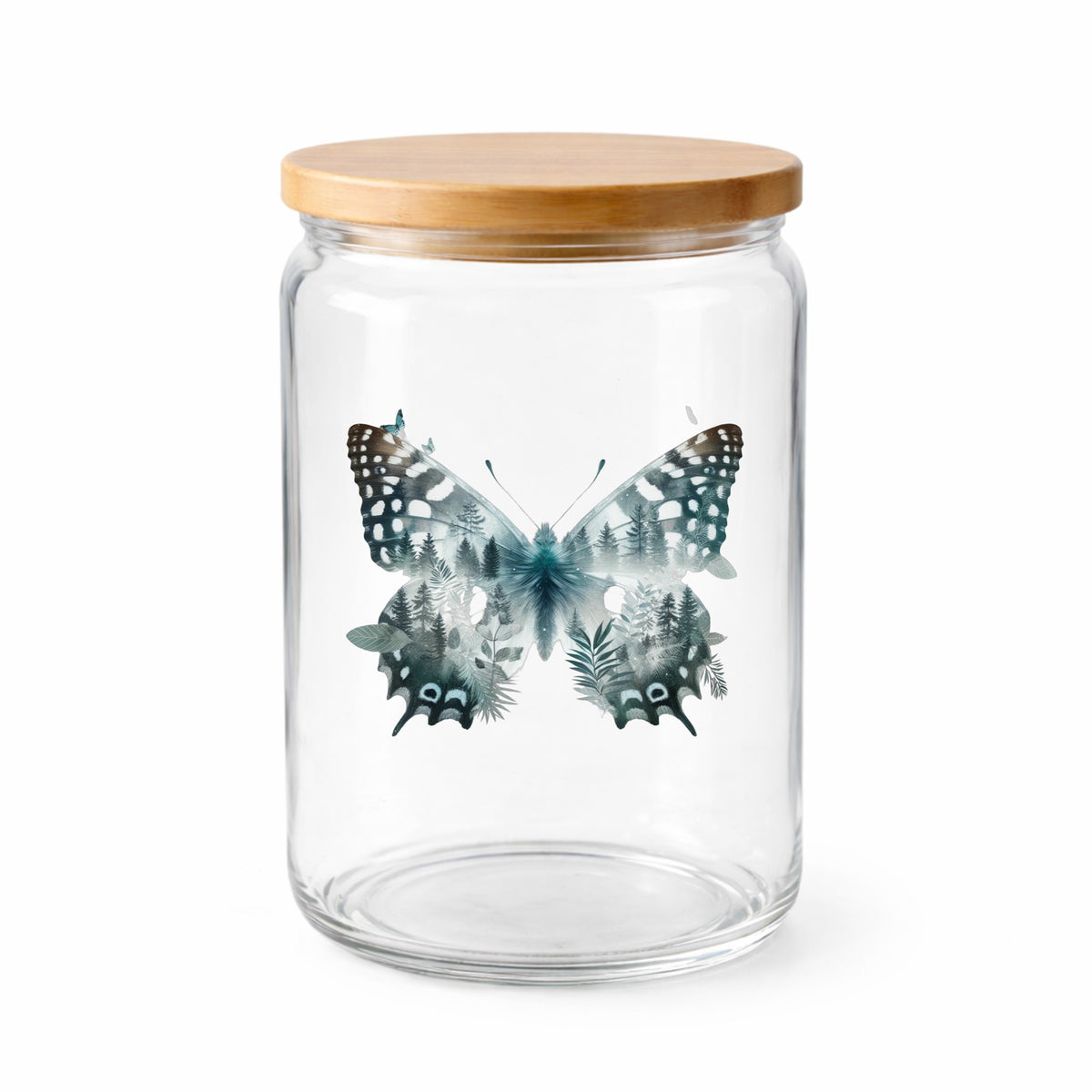 Black White Butterfly UV DTF sticker applied to a clear glass jar with a wooden lid