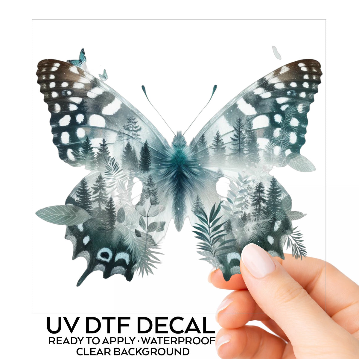 Black White Butterfly UV DTF sticker on its backing card, held in hand
