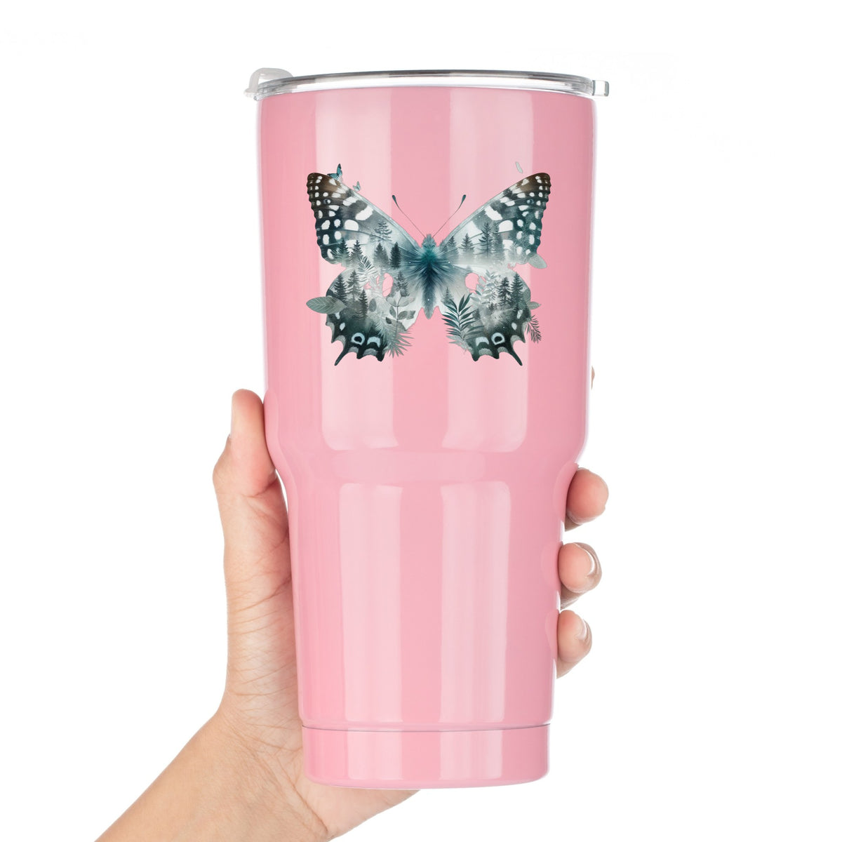 Black White Butterfly UV DTF sticker applied to a pink tumbler held against a white background