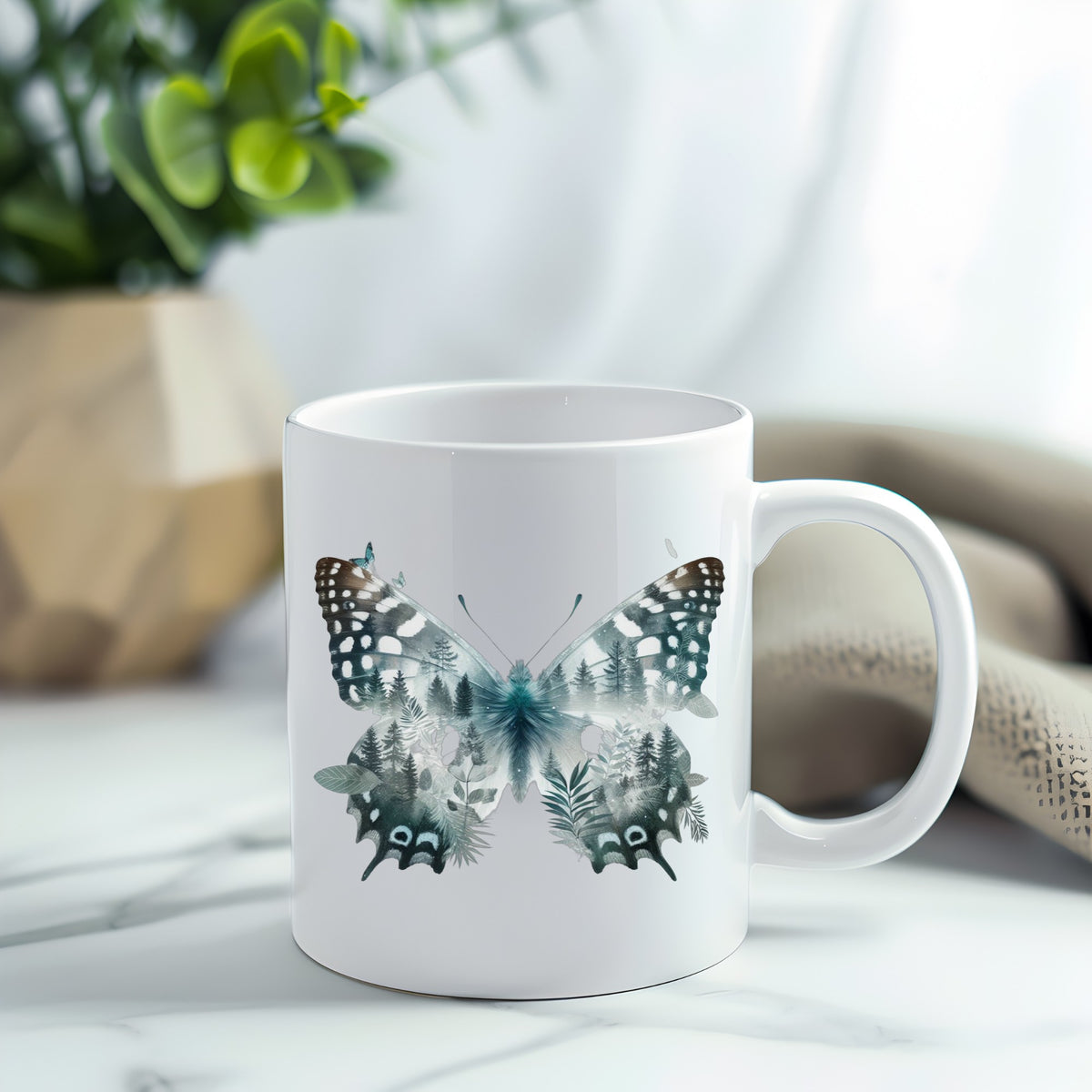 Black White Butterfly UV DTF sticker applied to a white coffee mug