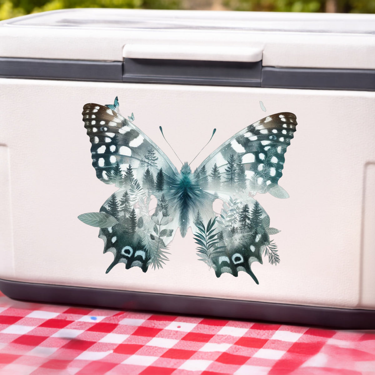Black White Butterfly UV DTF sticker applied to a white cooler on a red gingham cloth