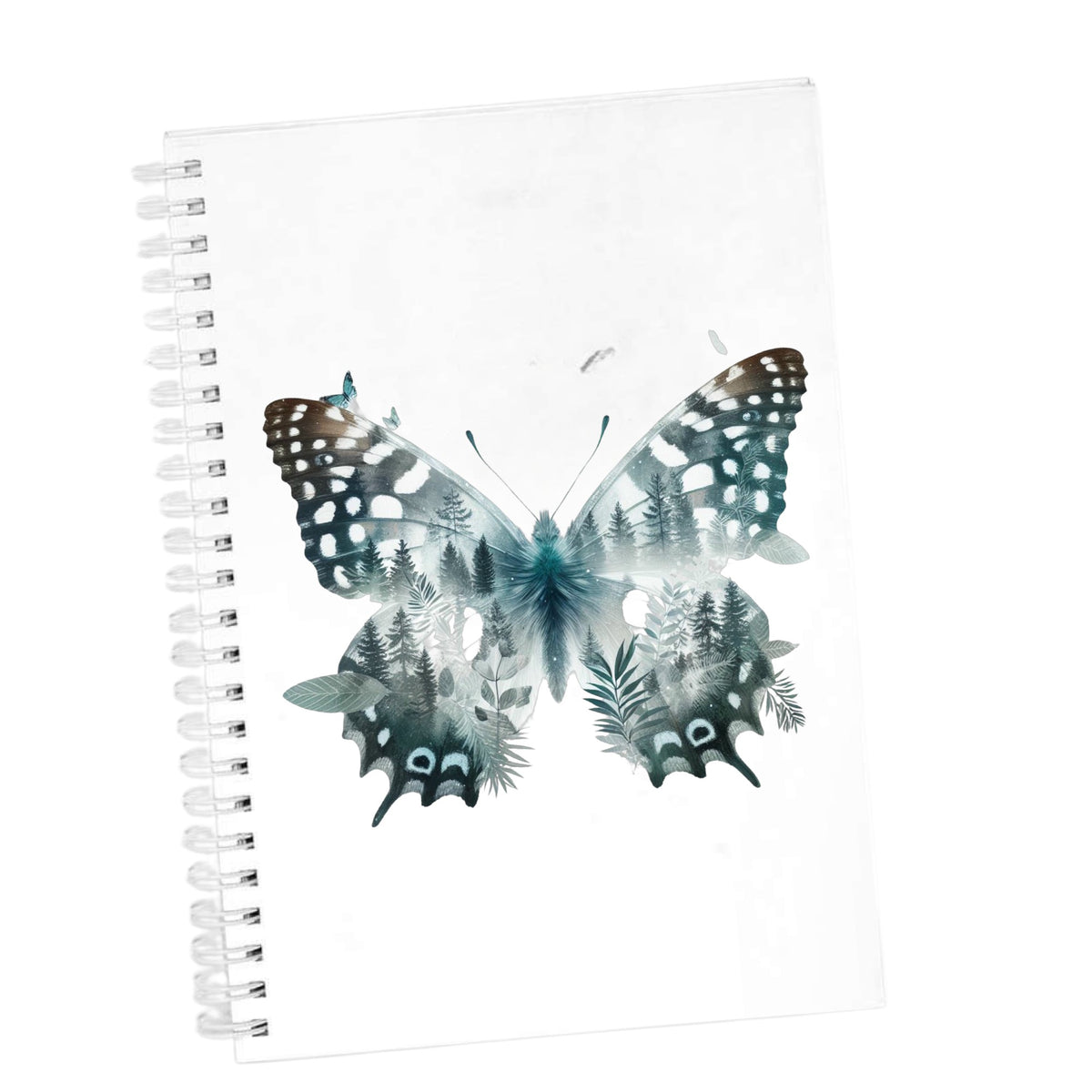 Black White Butterfly UV DTF sticker applied to the cover of a white spiral journal