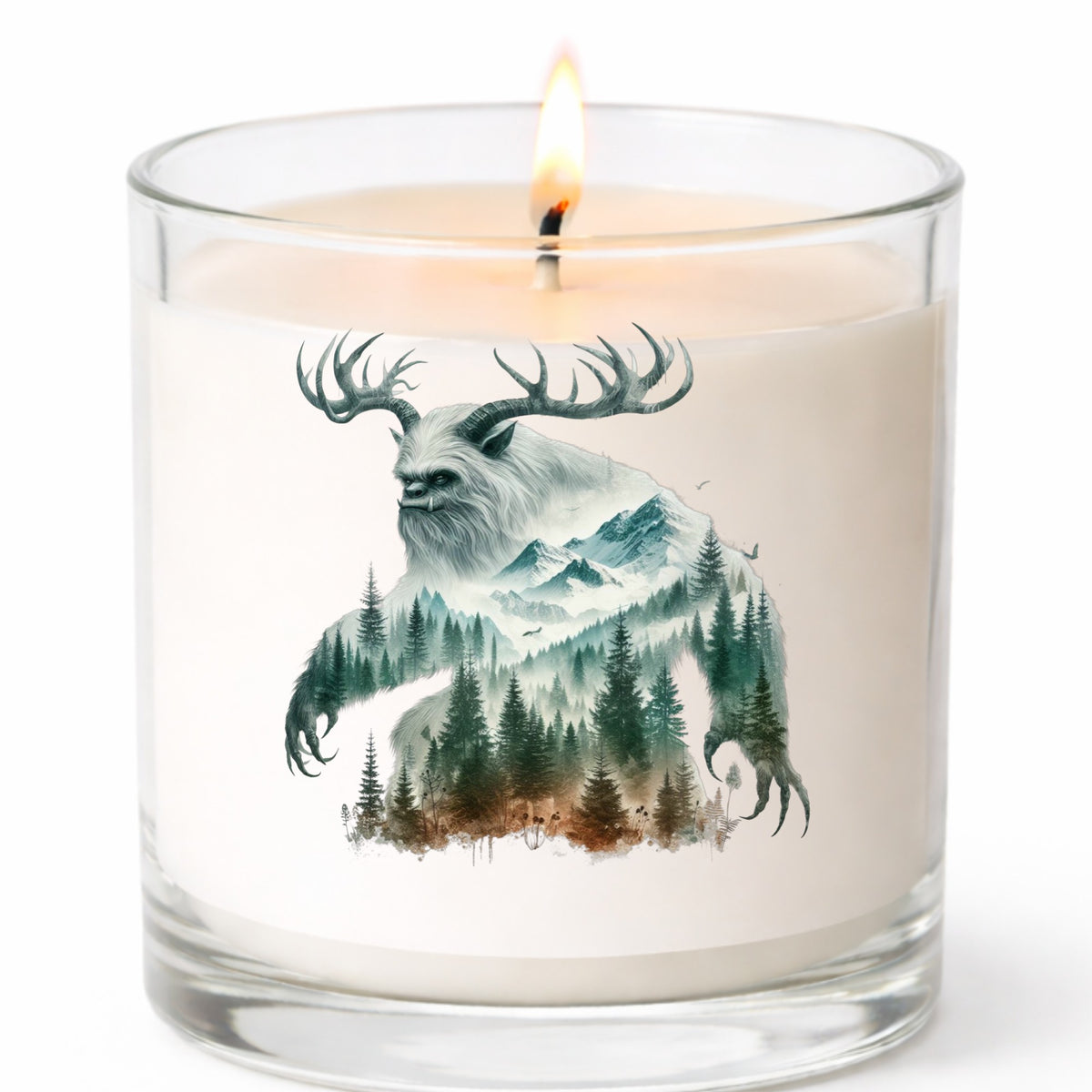 Antlered Mountain Bigfoot UV DTF sticker applied to a white candle in a clear glass jar