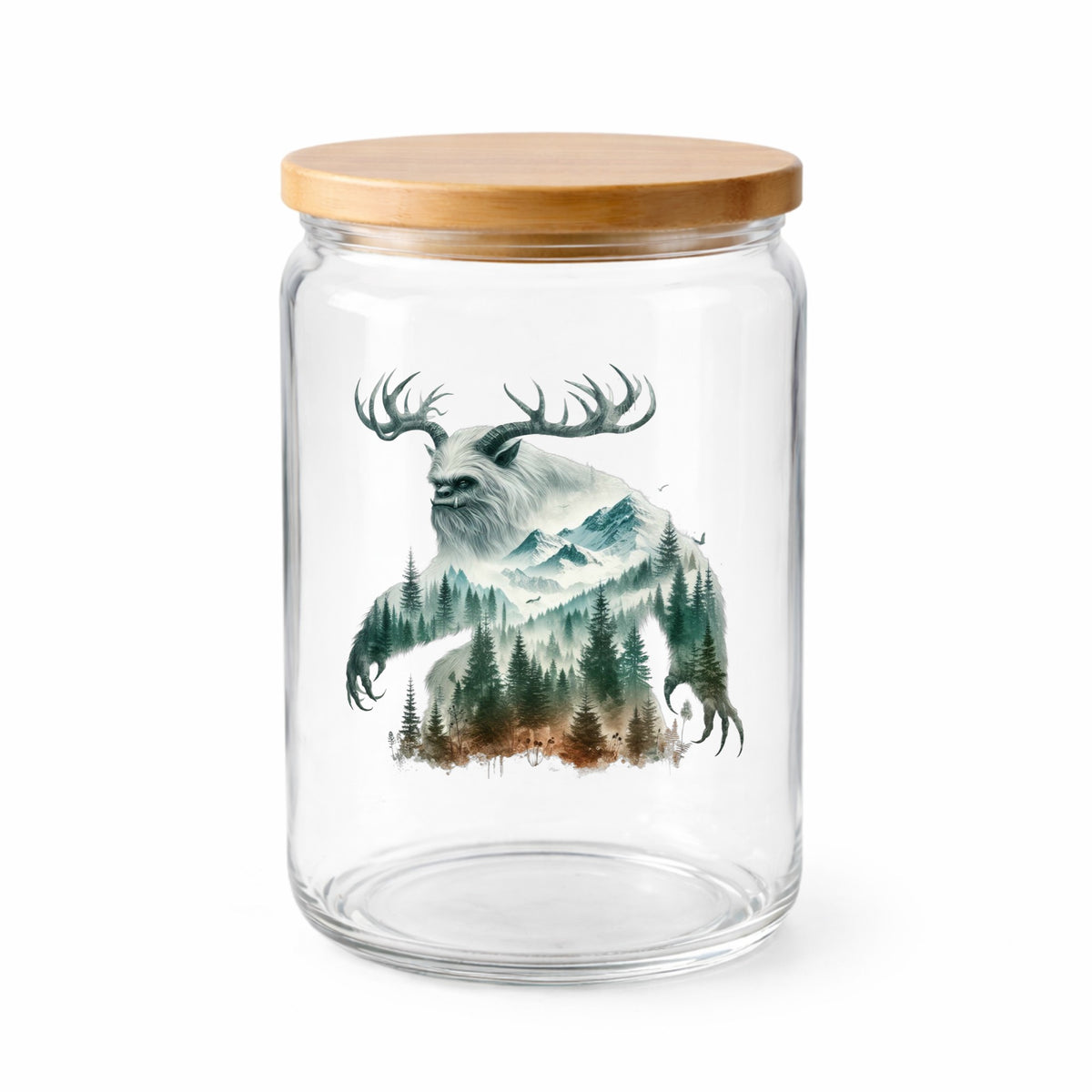 Antlered Mountain Bigfoot UV DTF sticker applied to a clear glass jar with a wooden lid