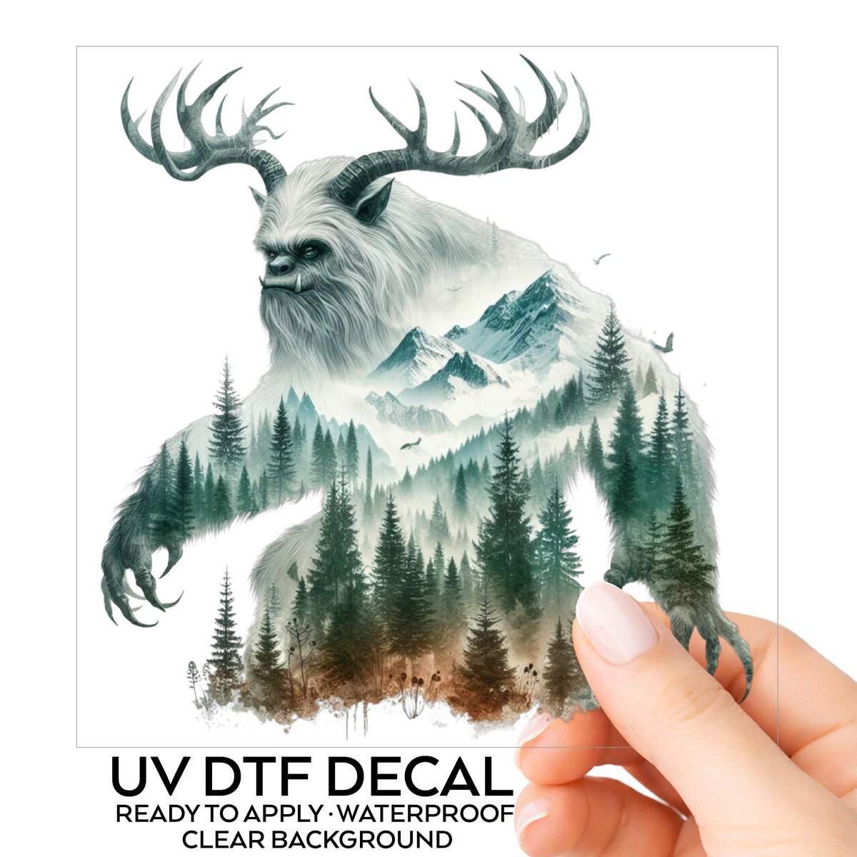 Antlered Mountain Bigfoot UV DTF sticker on its backing card, held in hand