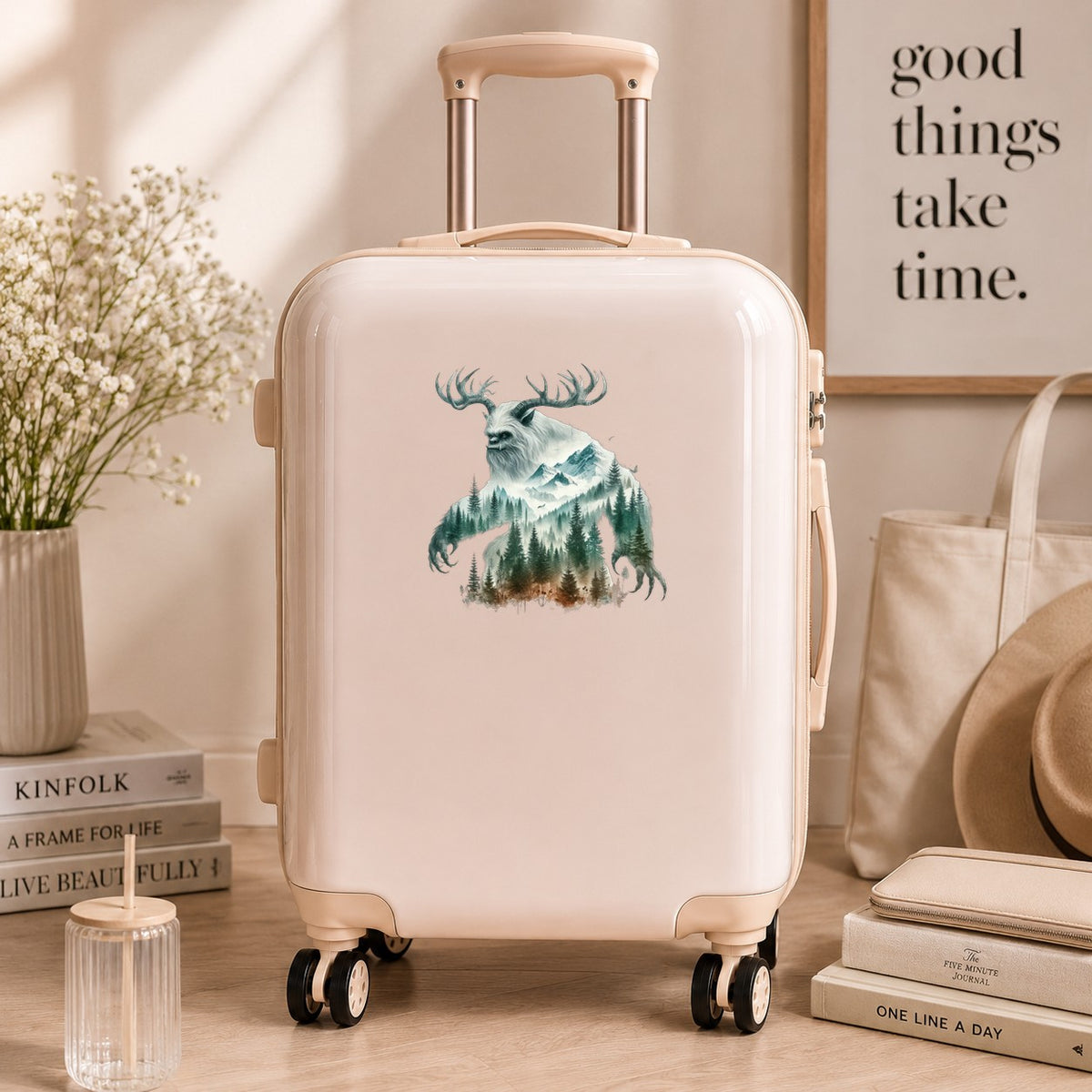 Antlered Mountain Bigfoot UV DTF sticker applied to a cream carry-on suitcase
