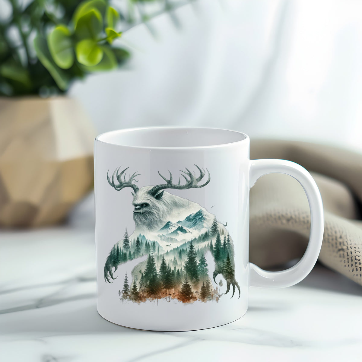 Antlered Mountain Bigfoot UV DTF sticker applied to a white coffee mug