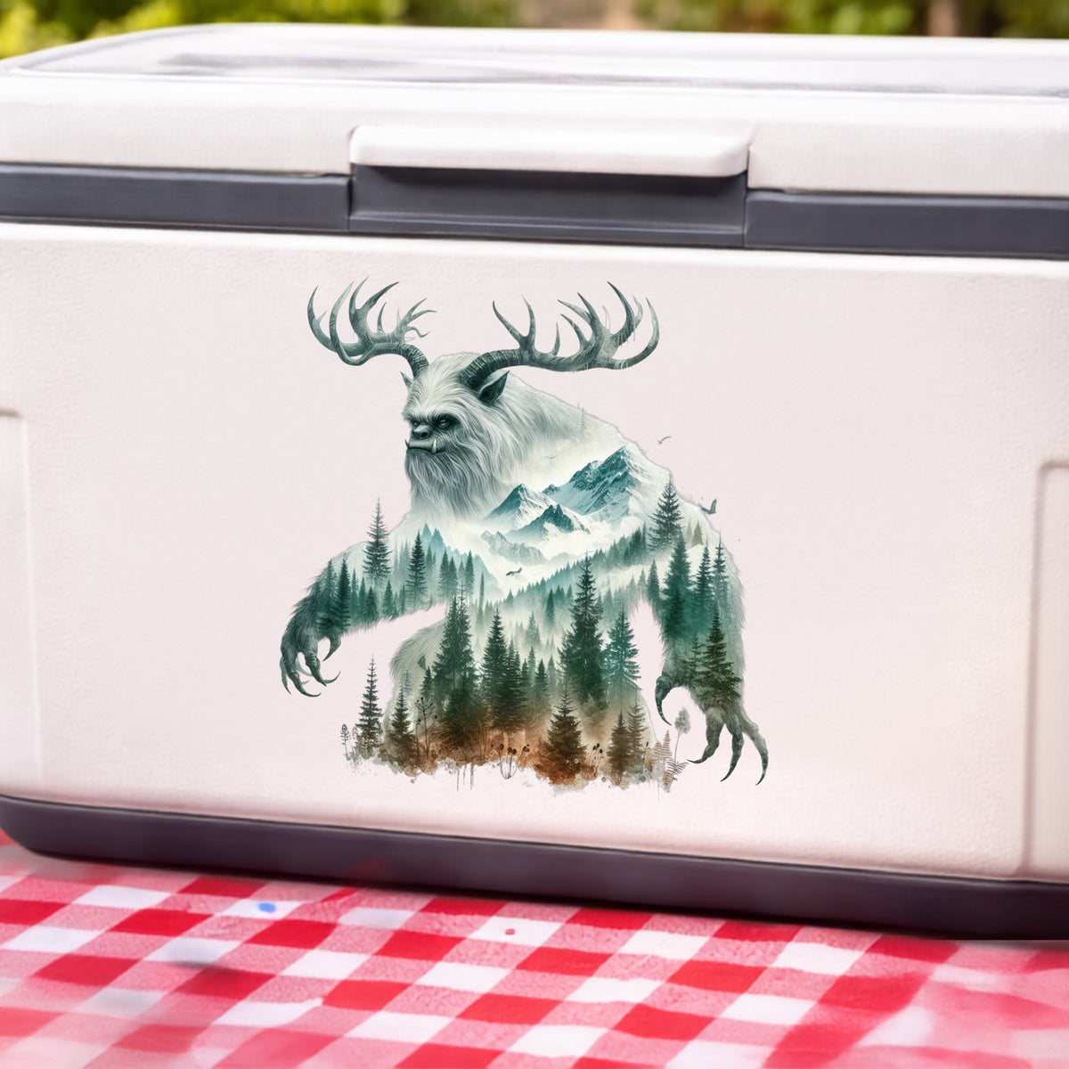 Antlered Mountain Bigfoot UV DTF sticker applied to a white cooler on a red gingham cloth