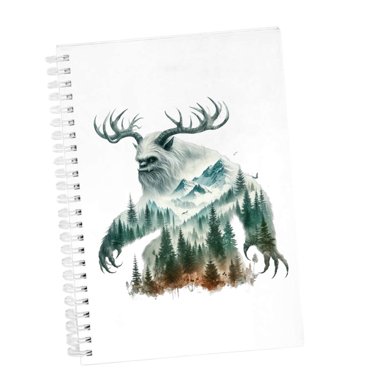 Antlered Mountain Bigfoot UV DTF sticker applied to the cover of a white spiral journal