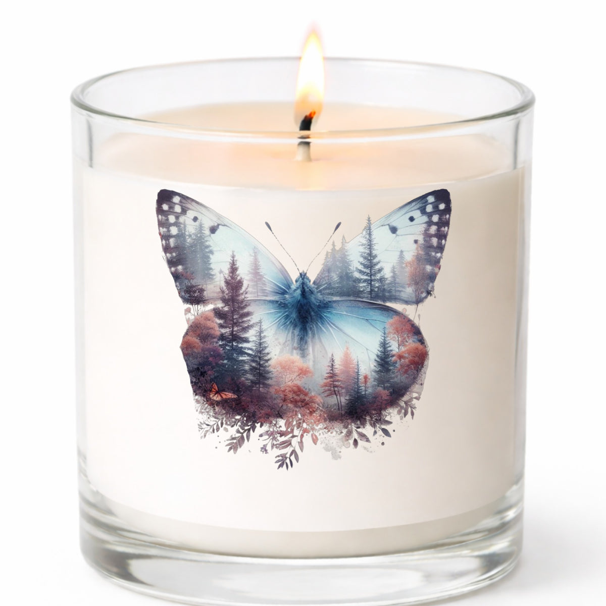 Pink Forest Butterfly UV DTF sticker applied to a white candle in a clear glass jar