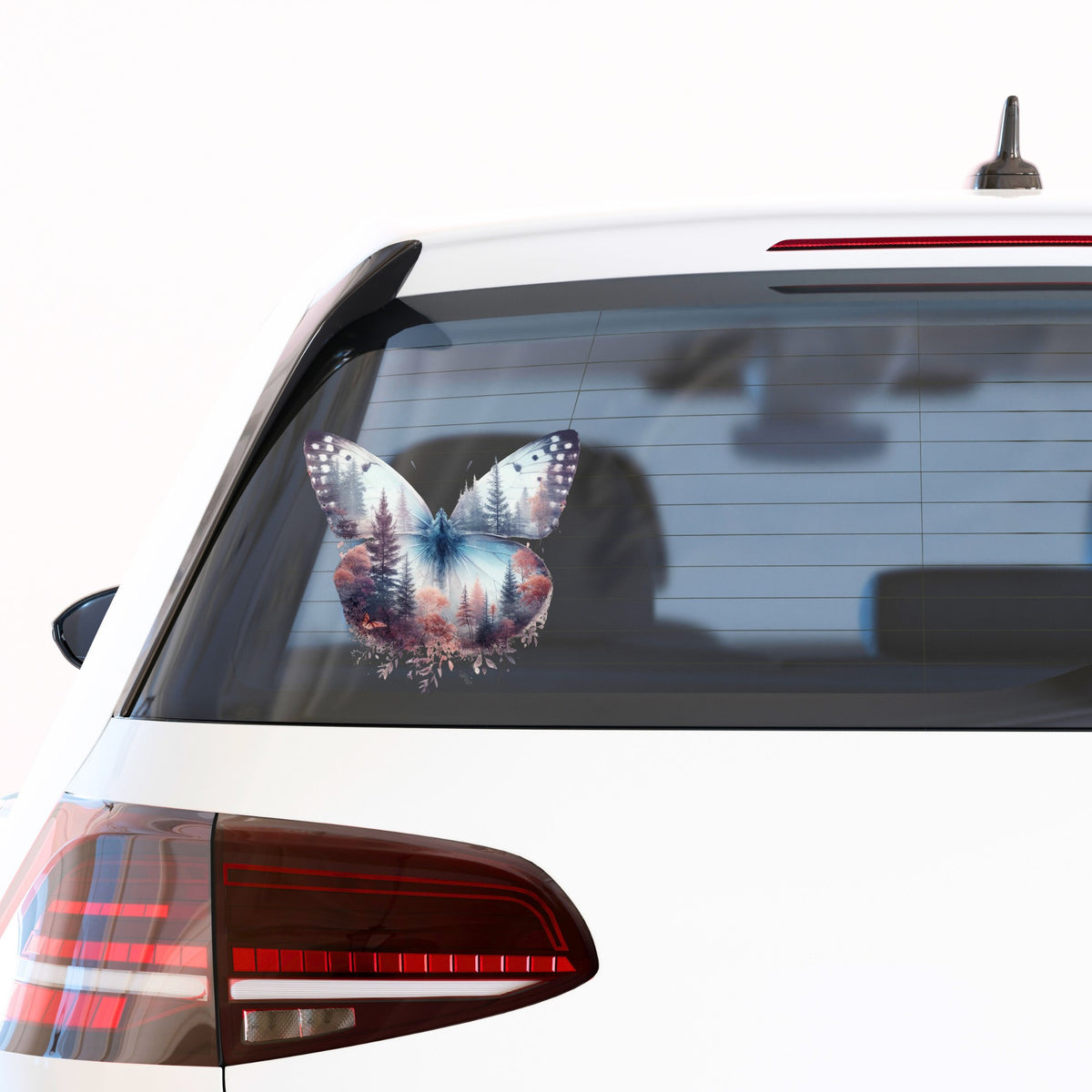 Pink Forest Butterfly UV DTF sticker applied to the rear window of a white car