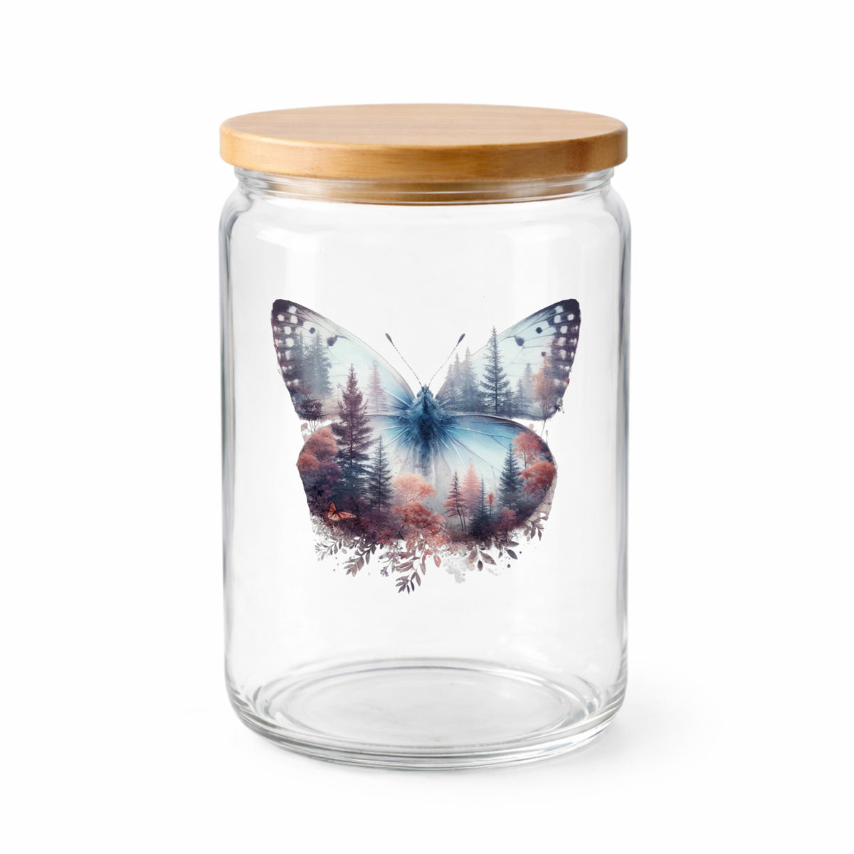 Pink Forest Butterfly UV DTF sticker applied to a clear glass jar with a wooden lid
