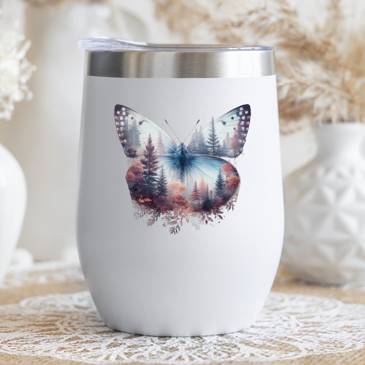 Pink Forest Butterfly UV DTF sticker applied to a white stemless tumbler with a lid