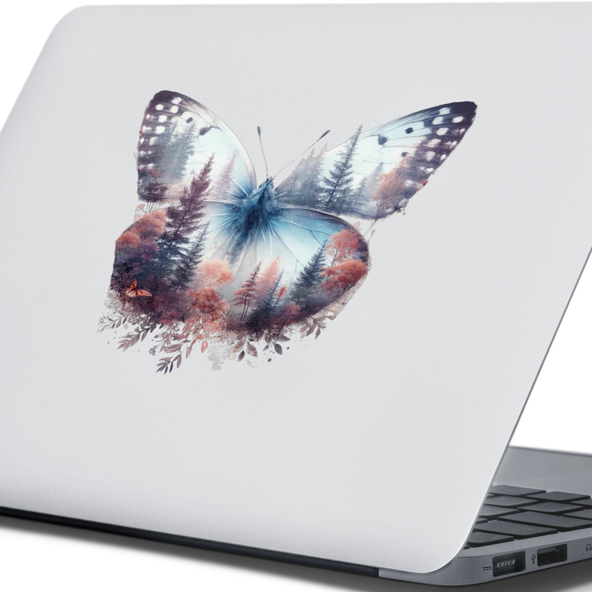 Pink Forest Butterfly UV DTF sticker applied to the lid of a silver laptop