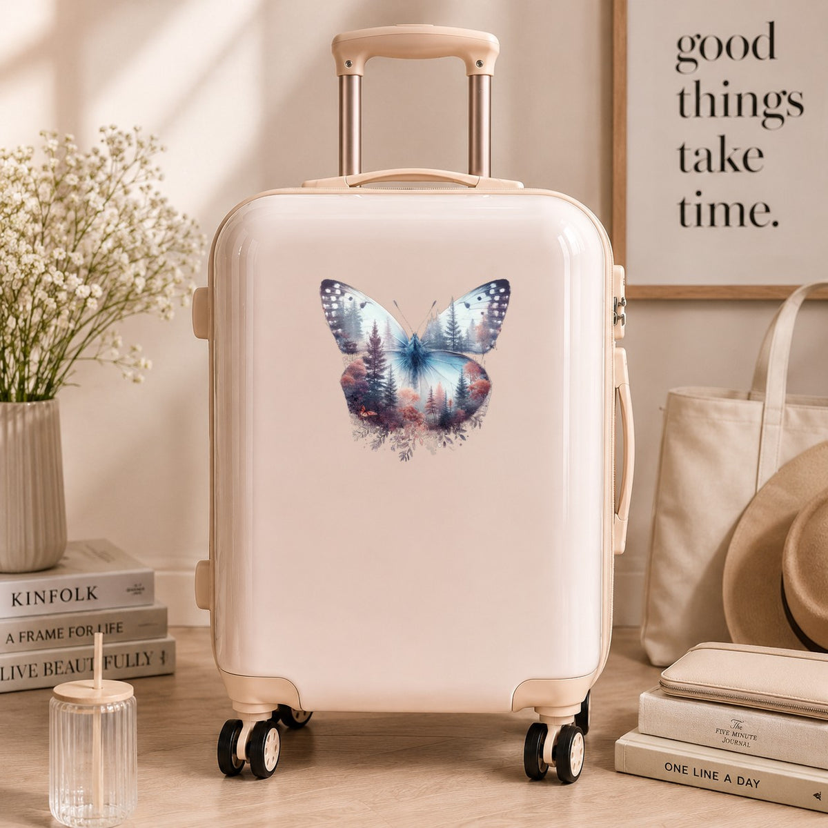 Pink Forest Butterfly UV DTF sticker applied to a cream carry-on suitcase
